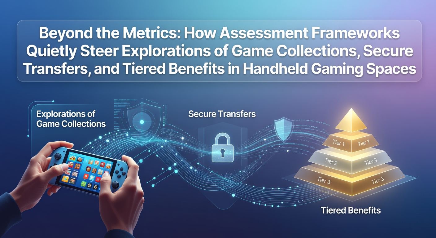 Handheld gaming device showing organized game collection and evaluation metrics on screen
