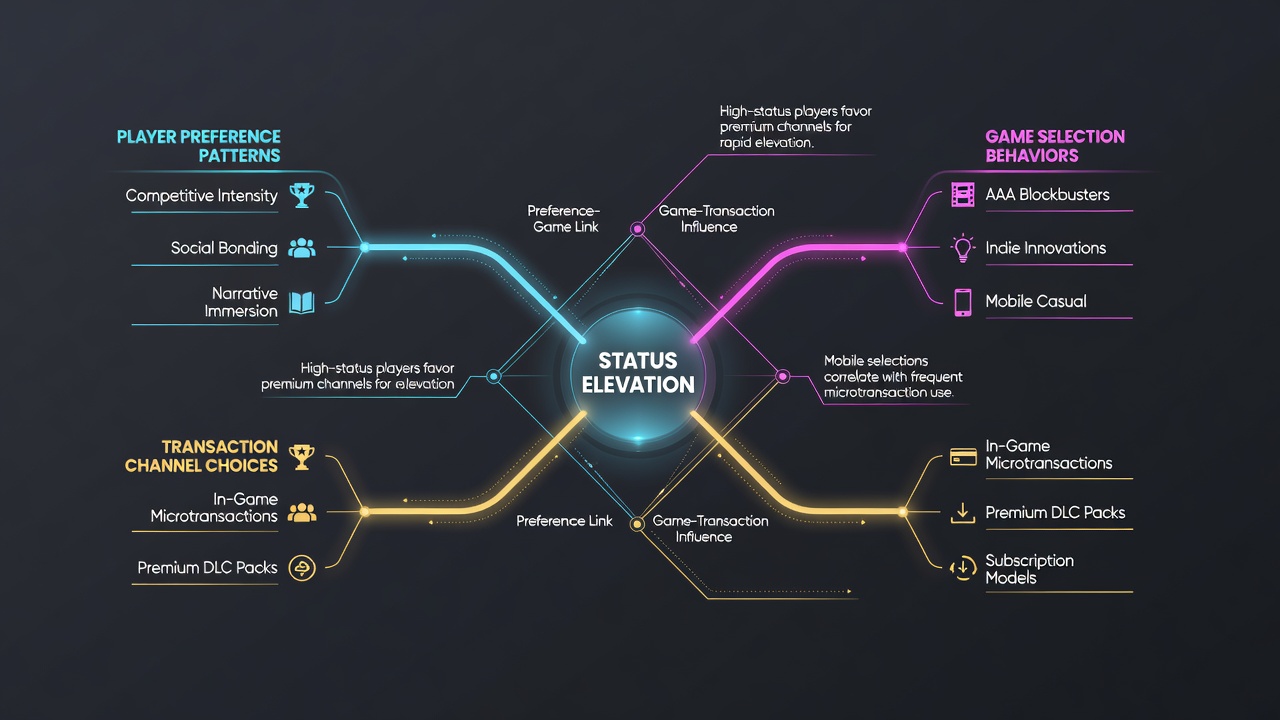 Diagram showing transaction channel flows linked to game categories within status elevation frameworks
