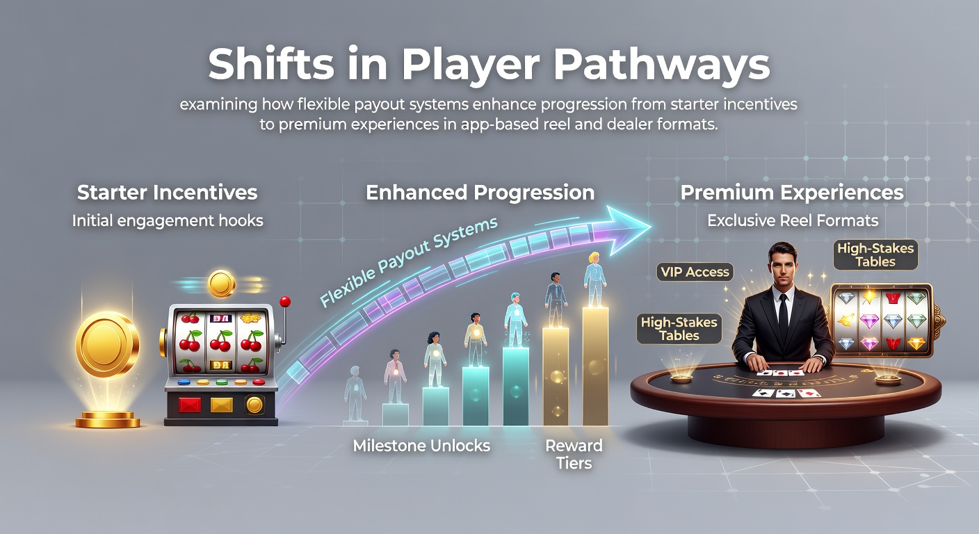 Visual representation of mobile app interfaces showing transitions from starter bonuses in slots and live dealer games to advanced premium features