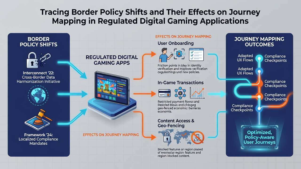User journey flowchart in a gaming app with border compliance checkpoints