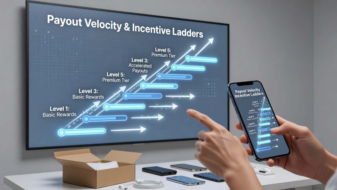 Infographic showing user progression through mobile gaming incentive tiers with payout speed indicators