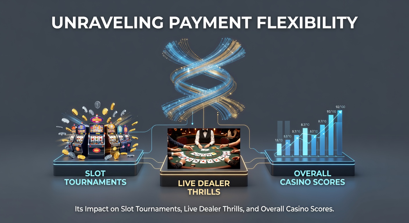 Vibrant digital collage showing credit cards, cryptocurrencies, e-wallets, and mobile payment icons integrated with slot reels, live dealer tables, and casino rating charts