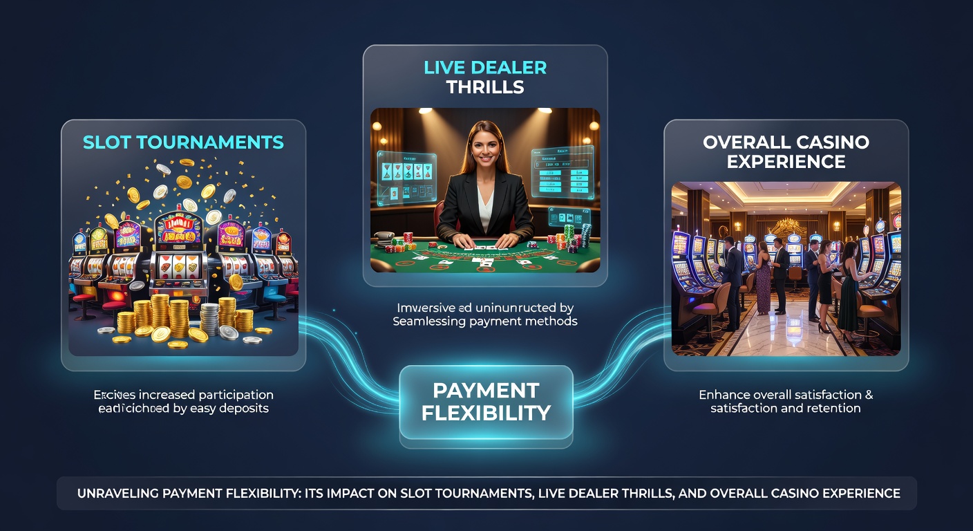 Dynamic scene of a live dealer blackjack table with overlaid payment icons like Bitcoin and Visa, alongside slot tournament leaderboards and casino rating badges